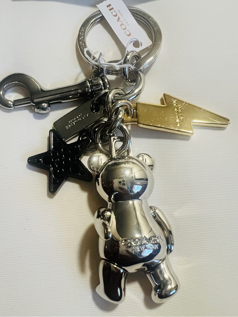 NWT RARE HTF COACH Silver Teddy Bear with Star & Lightning Keychain/Bagcharm - Picture 3 of 5